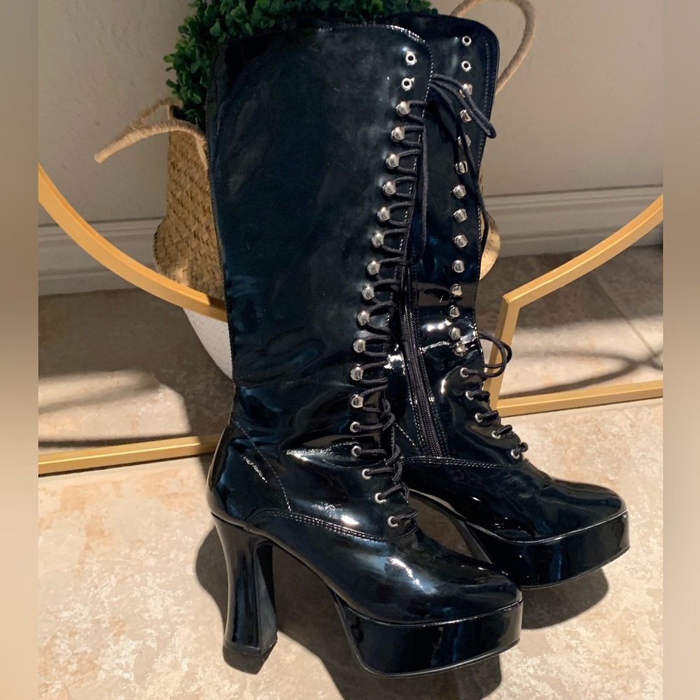 Tall patent leather lace up boots